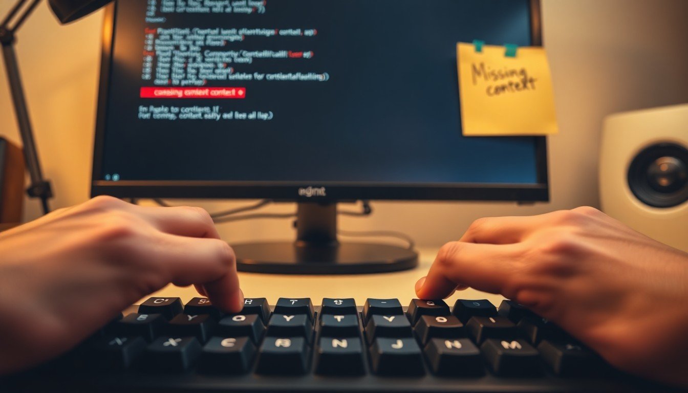 erreurs prompt IA: Hands typing on keyboard with monitor showing highlighted missing context error