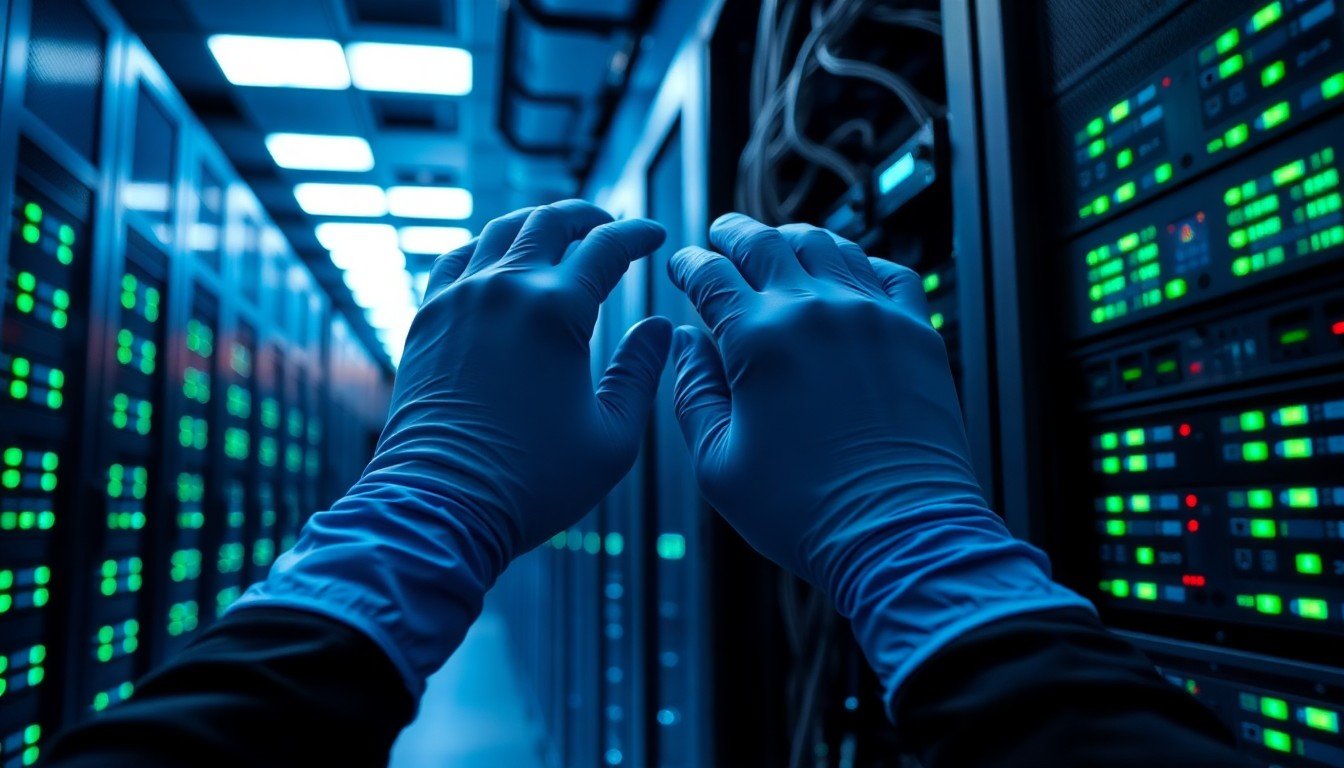 evolution of AI automation: Hands in blue gloves adjusting a server rack in a dim data center with blinking lights
