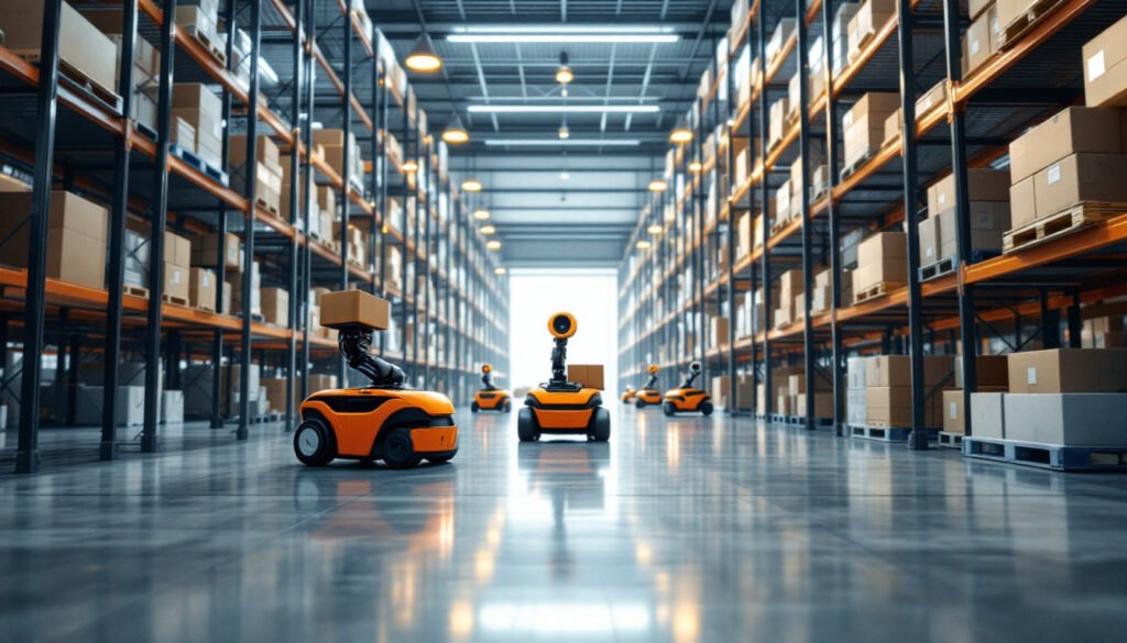 evolution of AI automation: Autonomous orange robot carrying a box in a sunlit automated warehouse with metal shelving