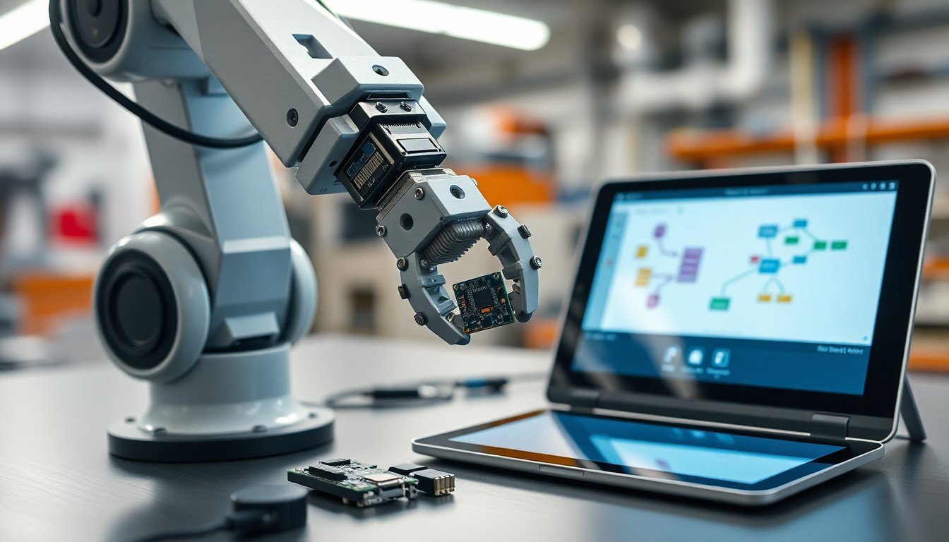 evolution of AI automation: Robotic arm assembling a circuit board next to a tablet showing a flow chart
