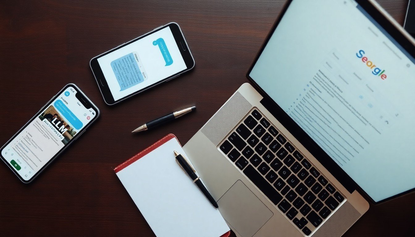 LLM vs moteur de recherche: Flat lay of a smartphone with an LLM chat app and a laptop with a search engine results page...