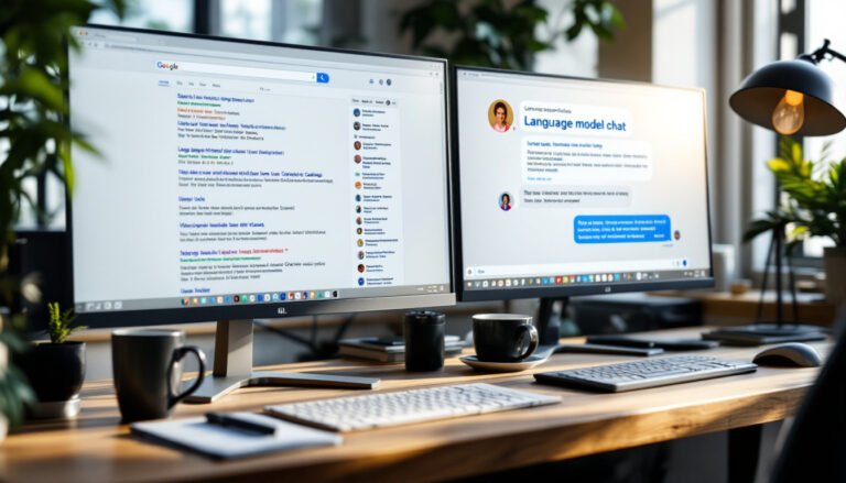 LLM vs moteur de recherche: Two monitors on a desk showing a search engine results page on the left and a chat interface...