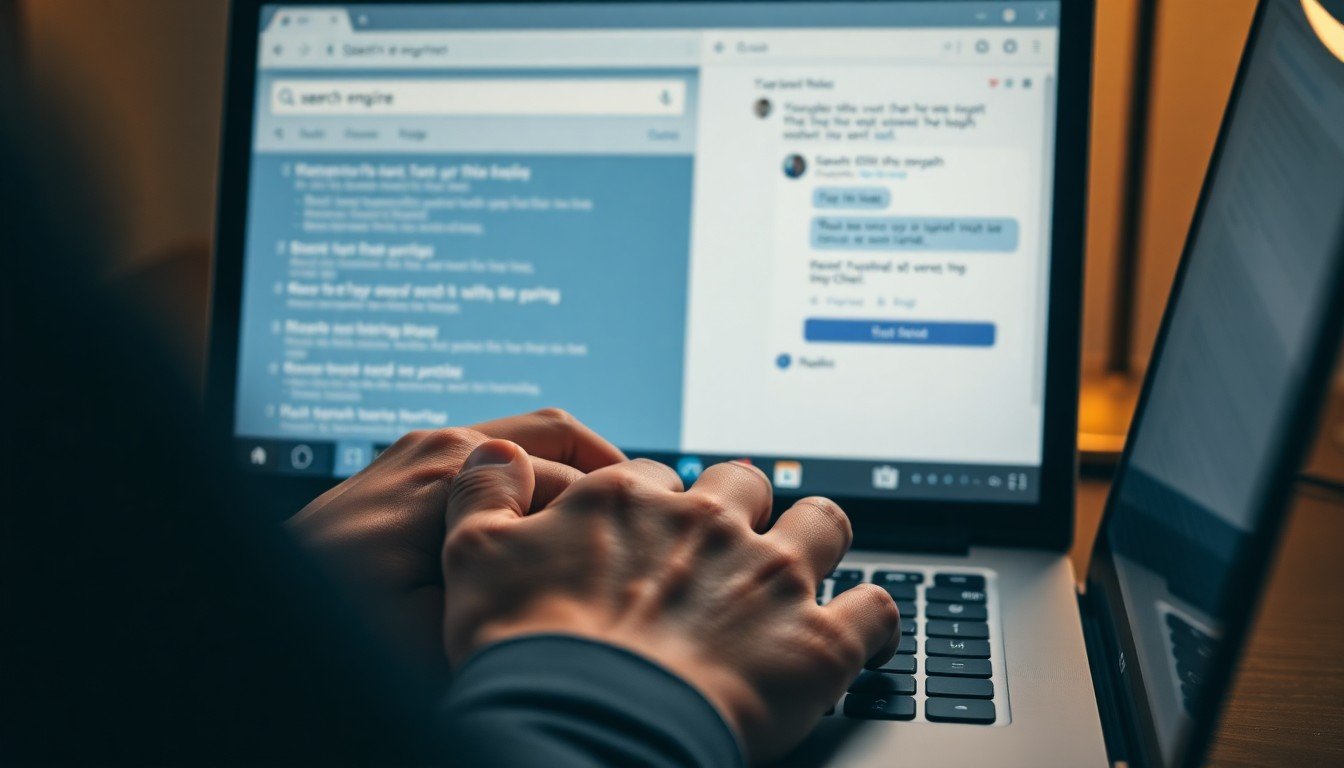 LLM vs moteur de recherche: Hands typing on a laptop with a split screen showing a search engine and a chat interface