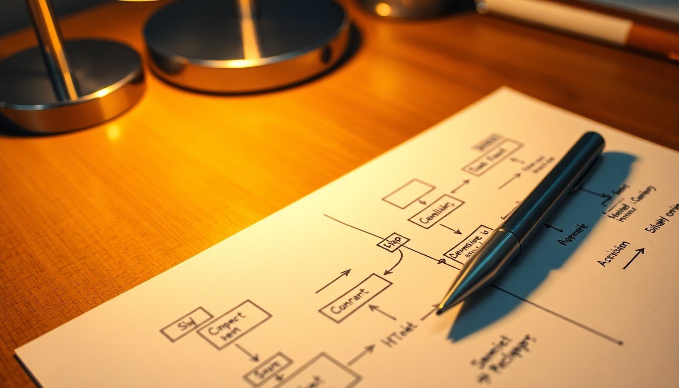 prompt engineering avancé: Printed flowchart diagram on paper with handwritten notes and a pen nearby