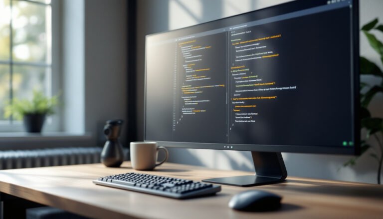 prompt engineering avancé: Workspace with computer monitor showing prompt engineering interface and AI responses