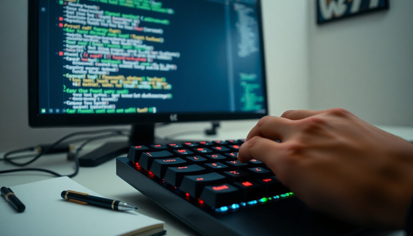 prompt engineering avancé: Hand typing on mechanical keyboard with code and prompt chain visible on screen