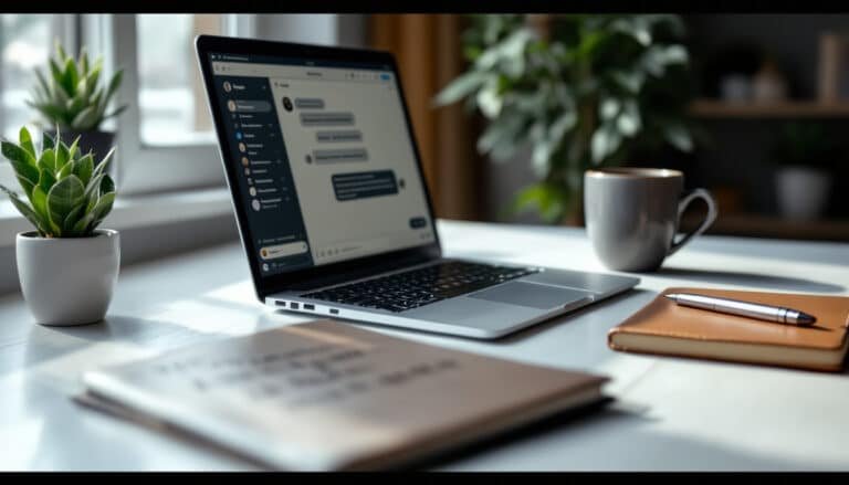 prompt engineering basics: Desk with laptop showing AI chat, notebook with bullet points, and coffee mug.
