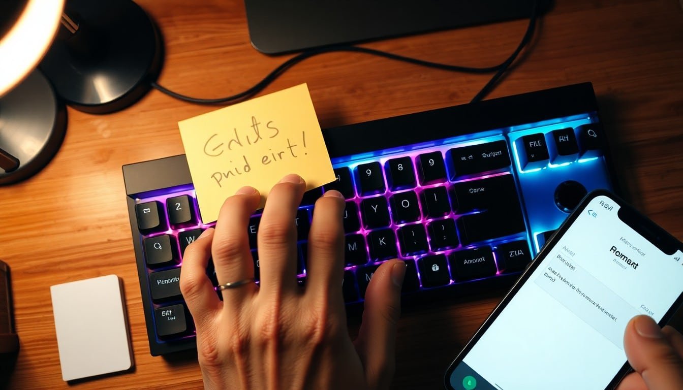 prompt engineering basics: Hands typing on mechanical keyboard with sticky notes and smartphone nearby.