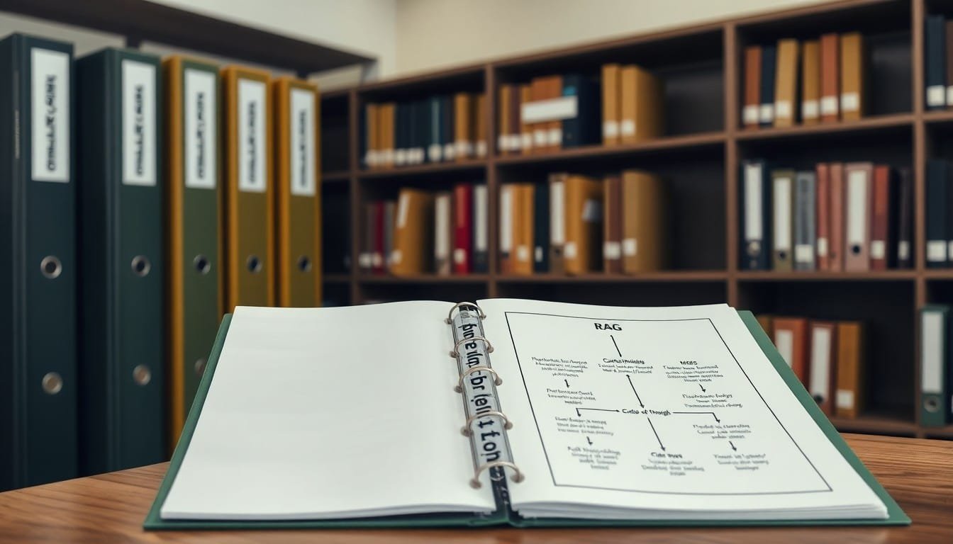 prompt engineering guide: Binders labeled with prompt engineering techniques on a library shelf and open binder with diagram