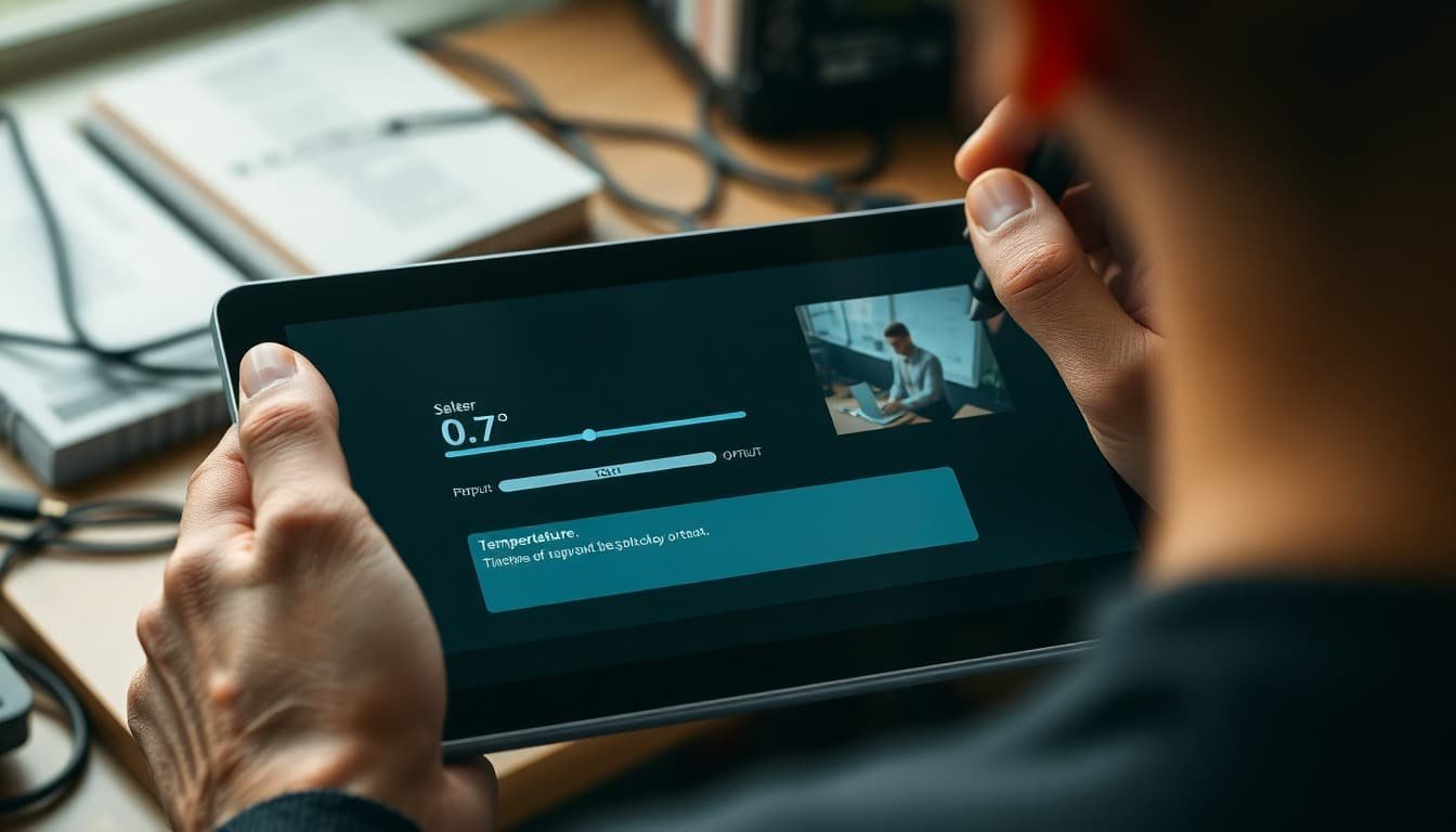 prompt engineering guide: Hands using stylus on tablet with temperature slider and AI prompt interface, blurred desk...