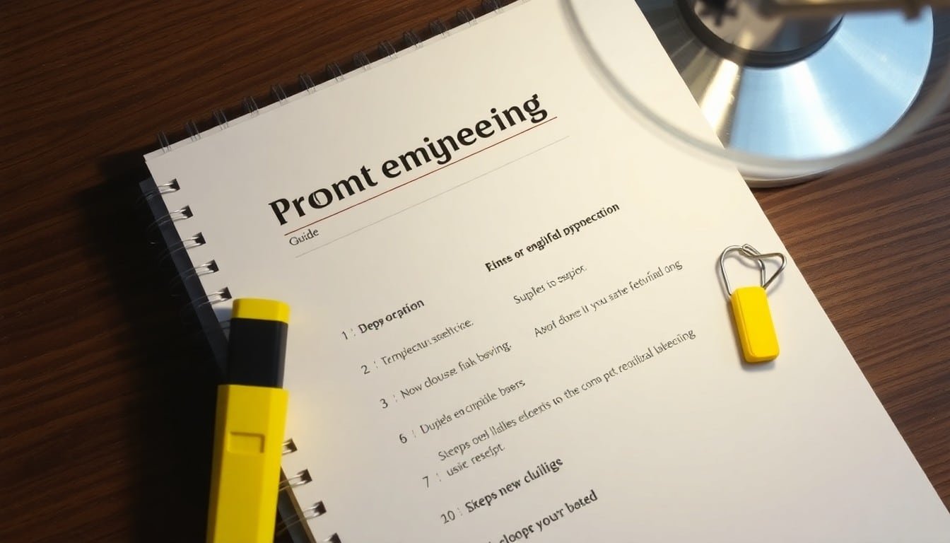 Open prompt engineering guidebook with steps highlighted, highlighter and paperclip on page
