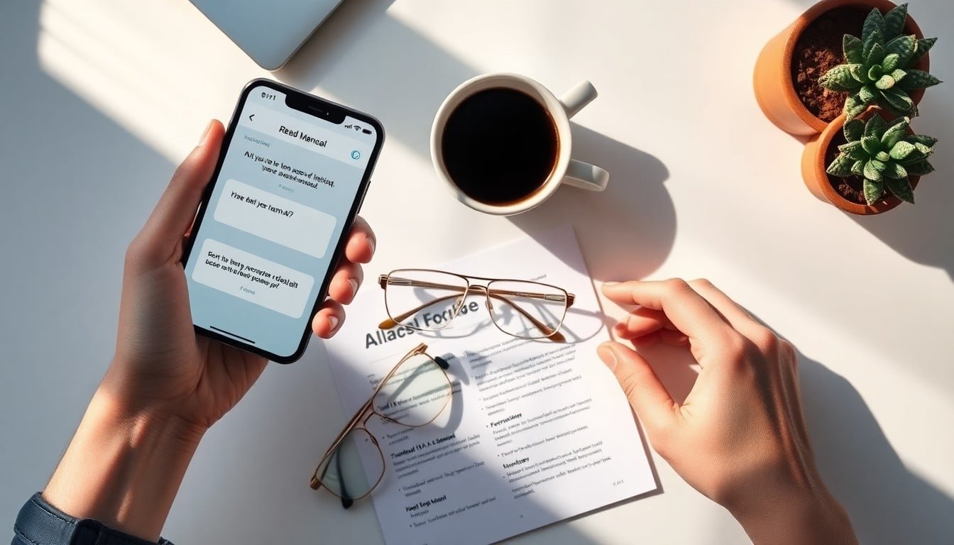 prompt engineering guide: Hands holding a smartphone with an AI chat app open, on a desk with glasses, coffee cup, and plant