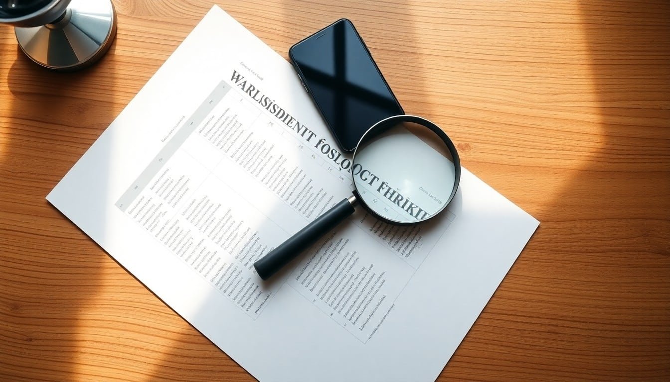 prompt engineering guide: Top-down view of printed document, magnifying glass, and smartphone on desk
