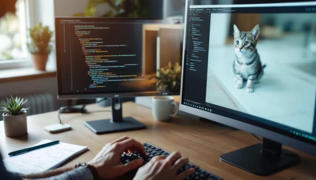 prompt engineering guide: Person typing on keyboard with monitor showing AI prompt and generated cat image, desk with...