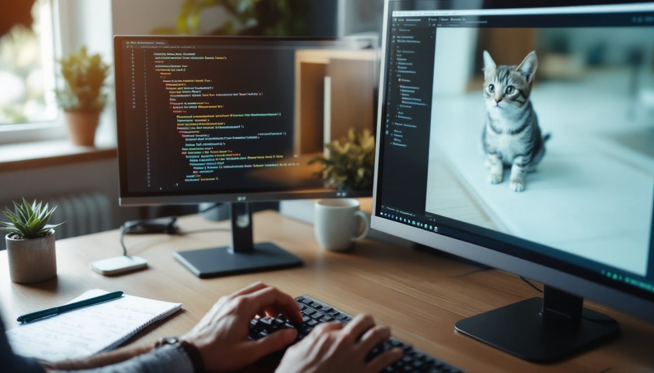 prompt engineering guide: Person typing on keyboard with monitor showing AI prompt and generated cat image, desk with...