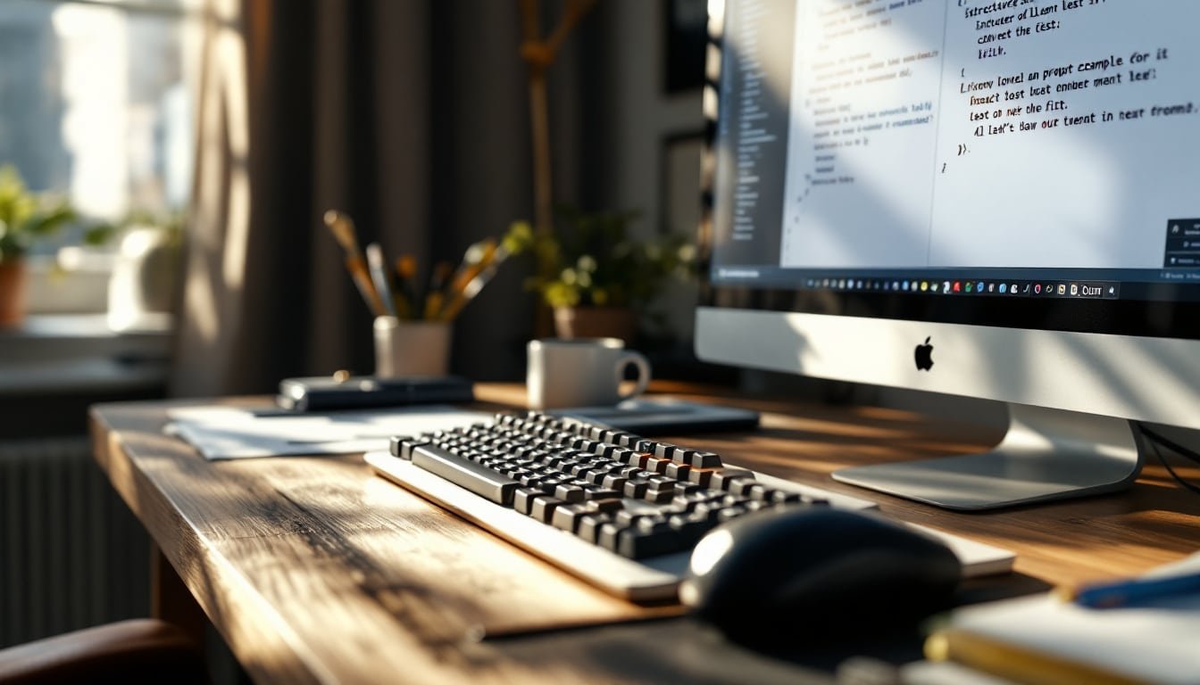 prompt engineering guide: Sunlit desk with keyboard, notebook of prompt notes, and monitor showing AI prompt examples