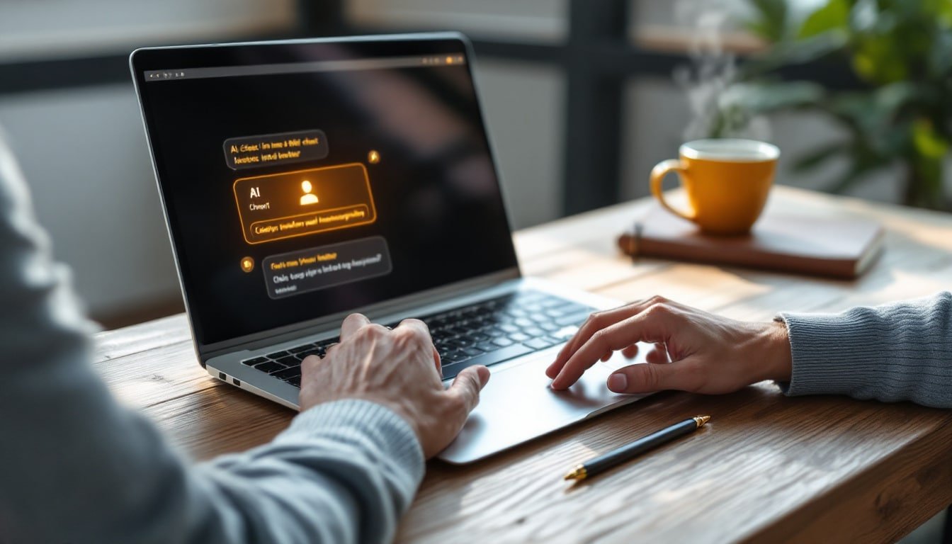 prompt engineering guide: Hands typing on a laptop keyboard with an AI chat interface visible on screen, desk with coffee...