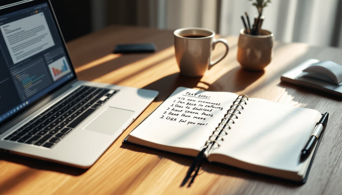 prompt engineering guide: Desk with laptop, open notebook, pen, and coffee mug in natural light