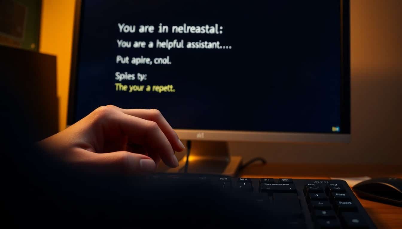 prompt engineering guide: Hands typing on mechanical keyboard with AI prompt and response on monitor