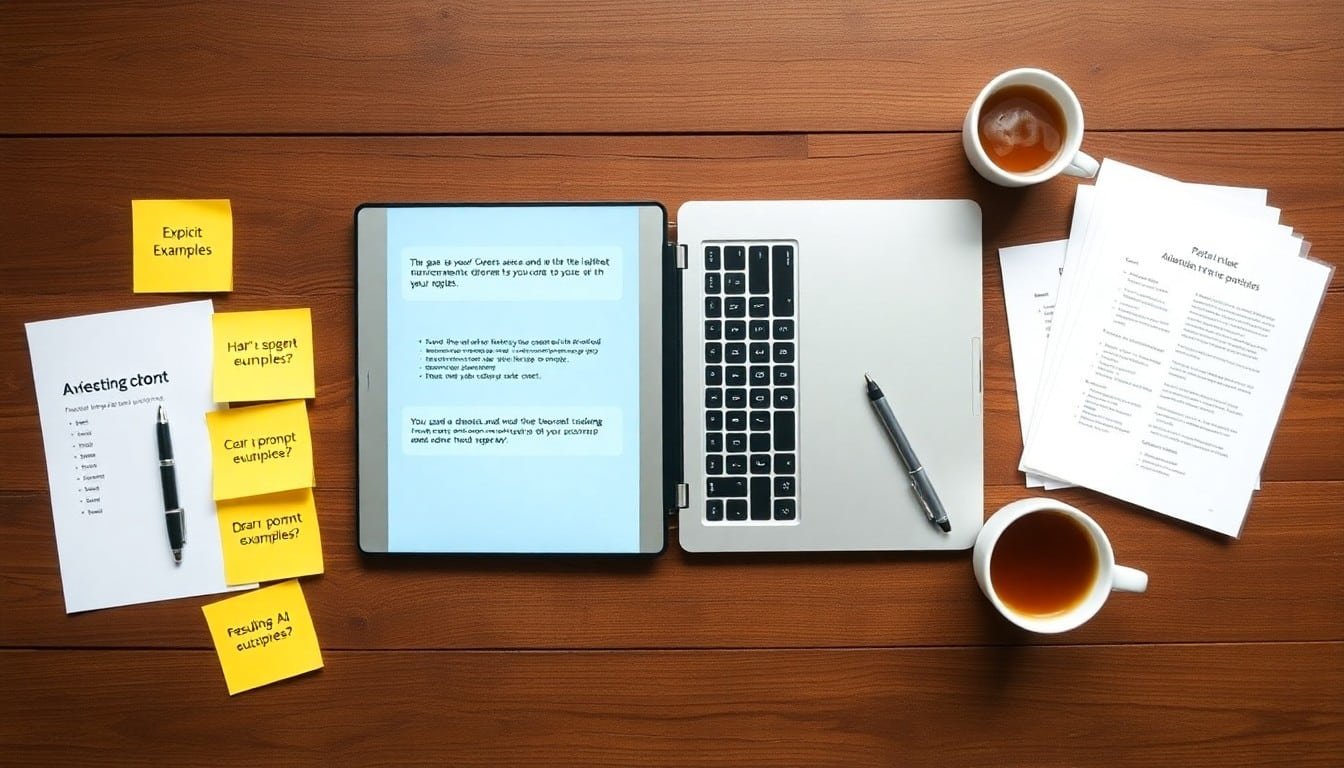 prompt engineering guide: Desk flat lay with laptop showing prompt and AI image, sticky notes, pen, tea, and guide booklet