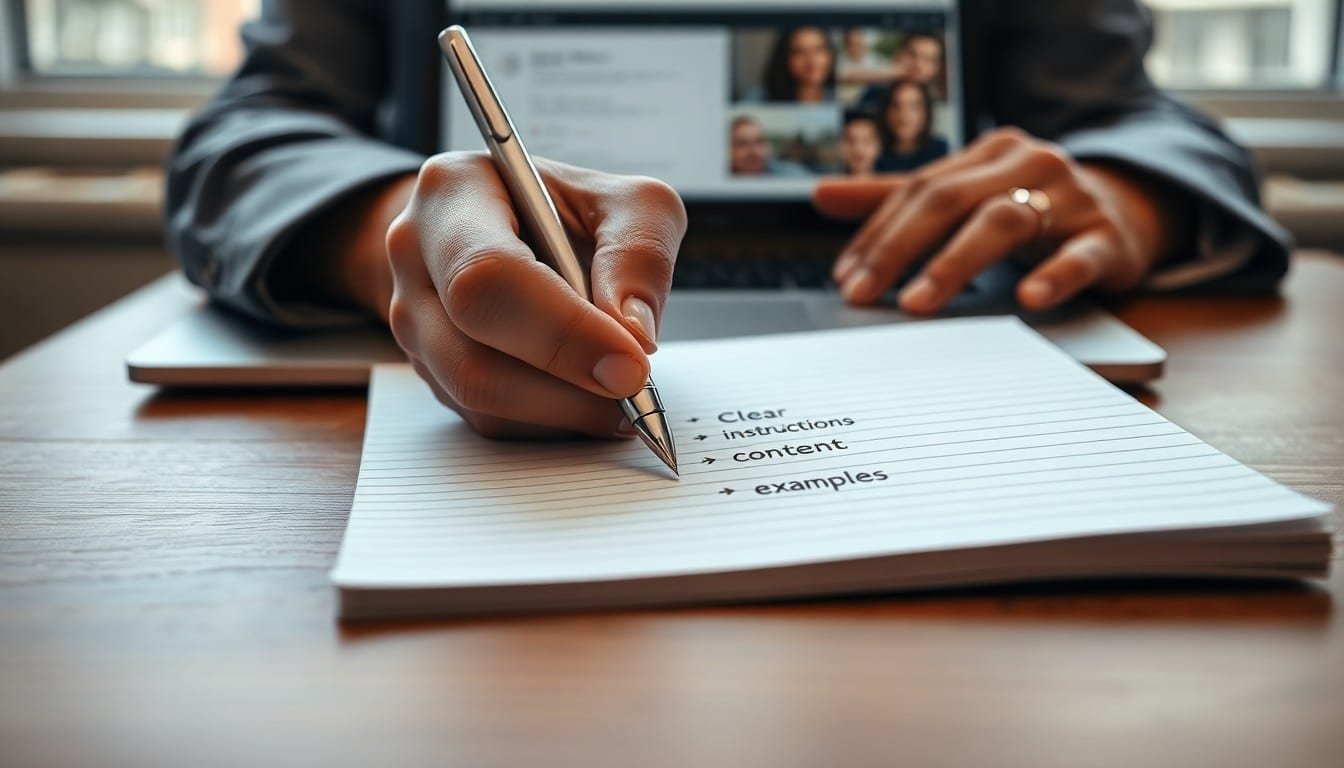 prompt engineering guide: Hands writing prompt engineering steps in a notebook with a fountain pen, laptop in background
