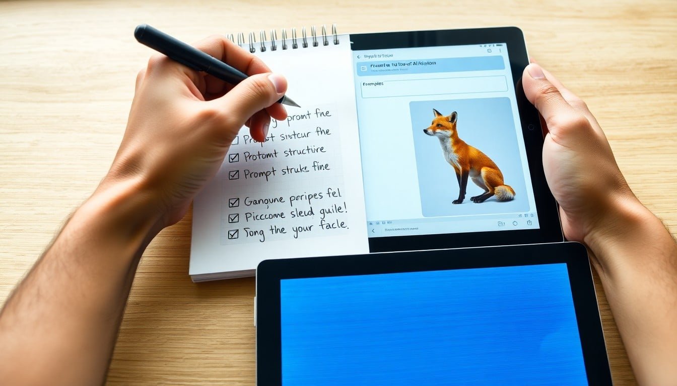 prompt engineering guide: Hands writing prompt engineering notes in a notebook next to a tablet showing an AI image...