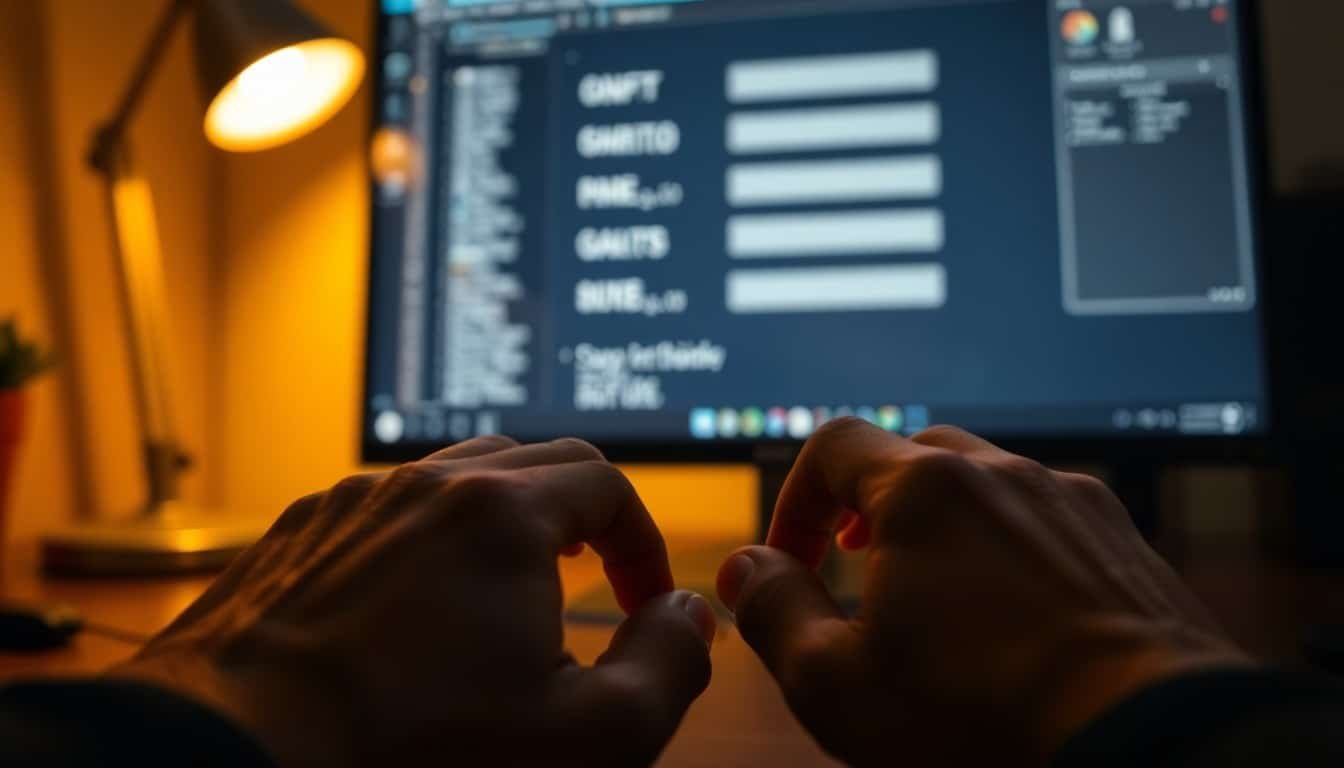 prompt engineering guide: Hands typing on a mechanical keyboard in front of a blurred monitor