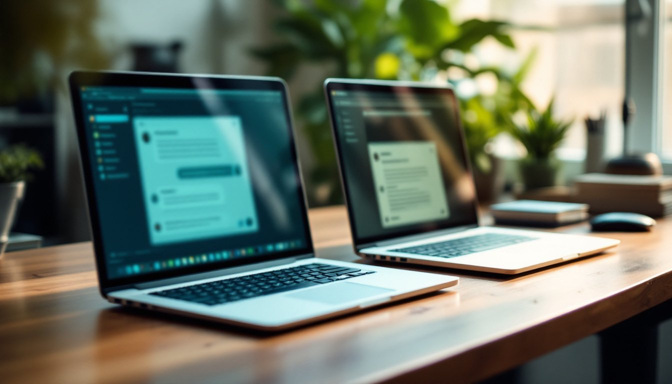 prompting ChatGPT vs Gemini: Two laptops side by side on a desk with lit screens showing blurred chat interfaces in blue...