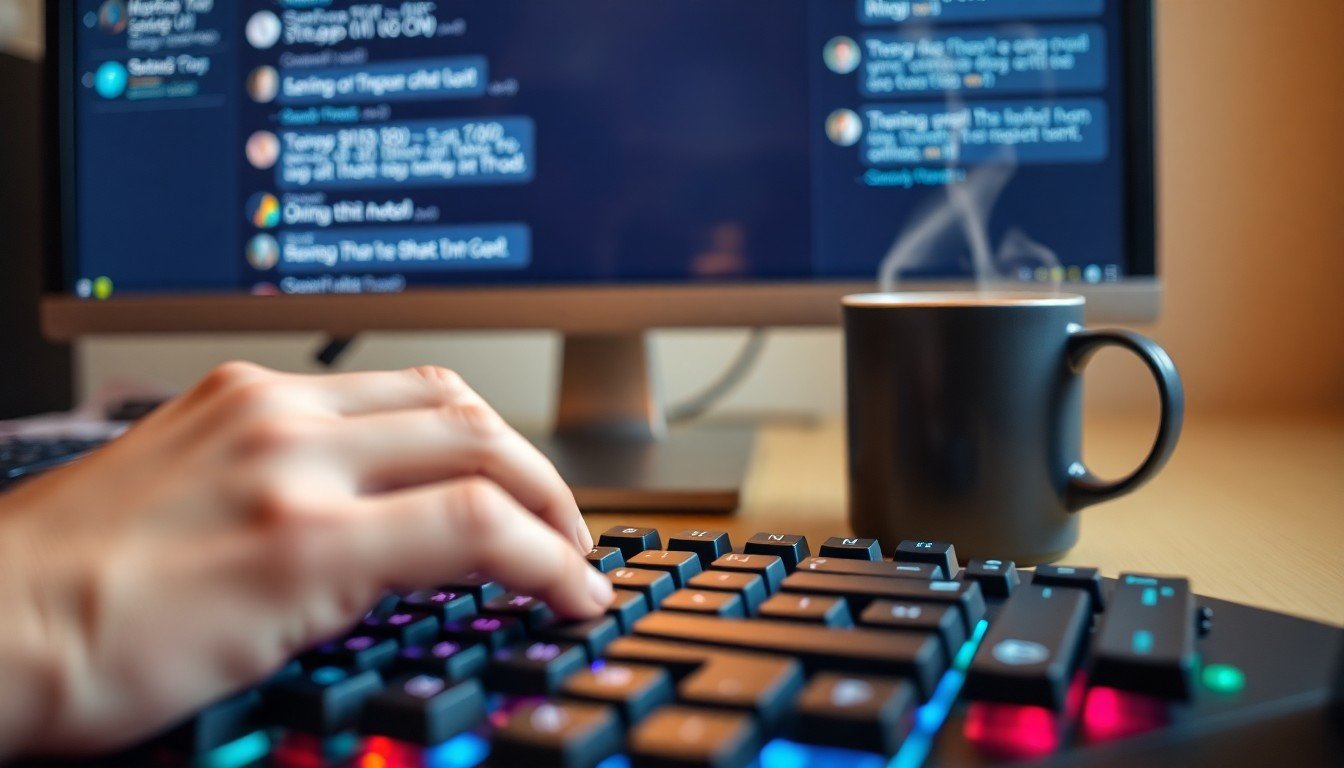 prompting ChatGPT vs Gemini: Hands typing on a mechanical keyboard with a monitor showing a multi-turn chat conversation...
