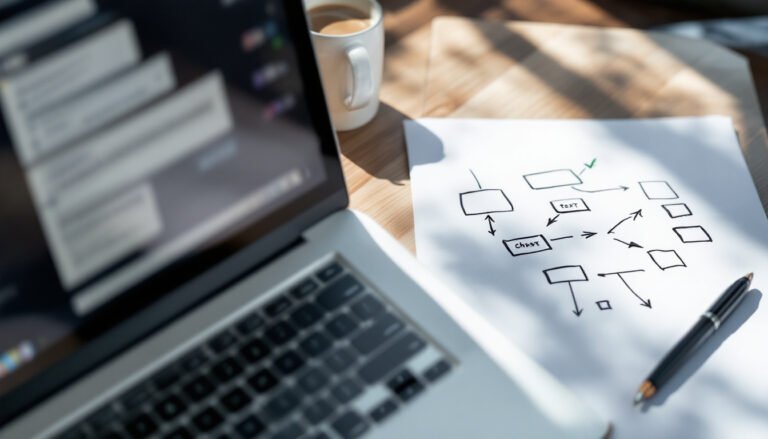 prompts IA agents: Laptop and printed workflow diagram on a desk illustrating AI agent prompt design