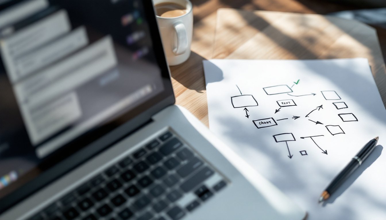 prompts IA agents: Laptop and printed workflow diagram on a desk illustrating AI agent prompt design