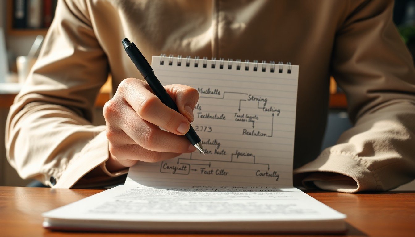 prompts IA agents: Hands writing a flowchart in a notebook for designing AI agent prompts