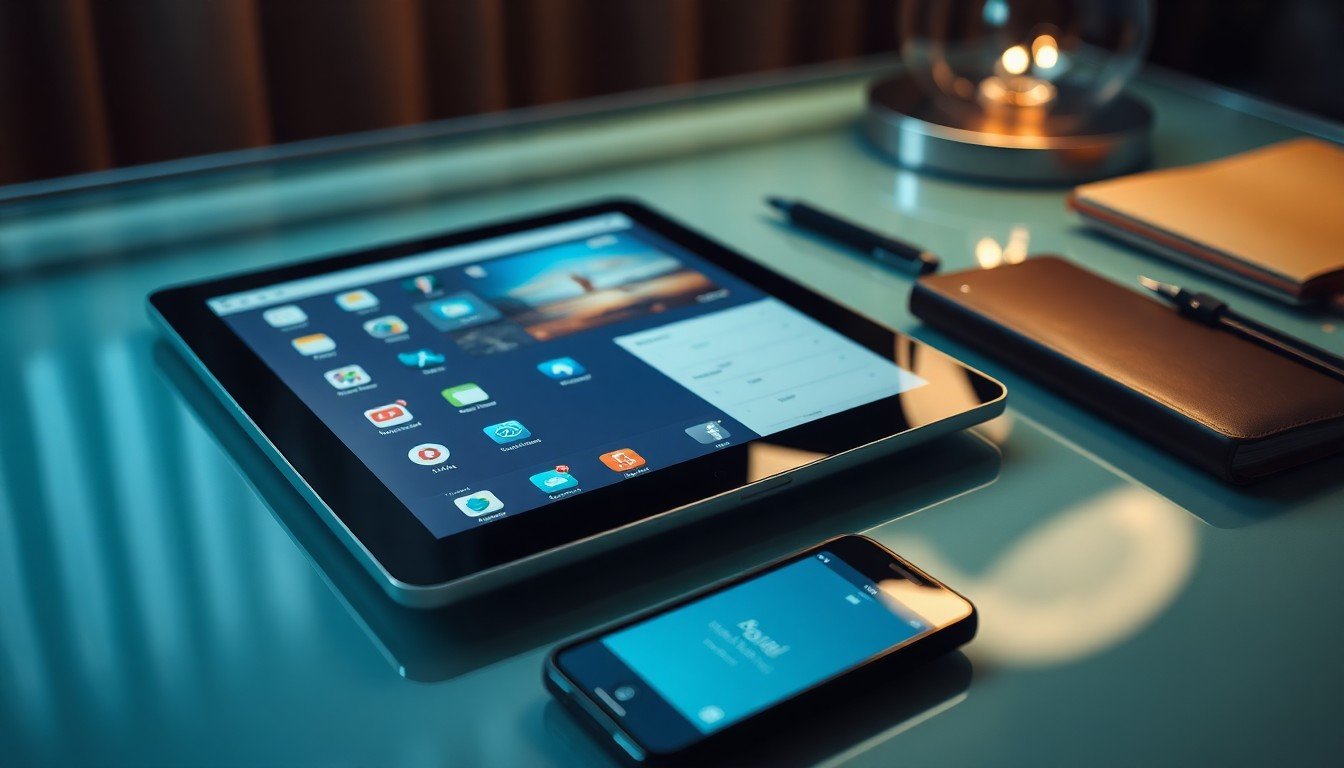prompts IA travail: Tablet on desk with stylus, smartphone, and planner under desk lamp light