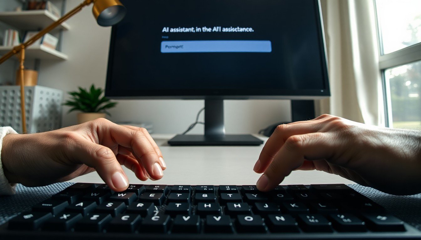 prompts IA travail: Hands typing on a mechanical keyboard with an AI interface visible on the monitor above