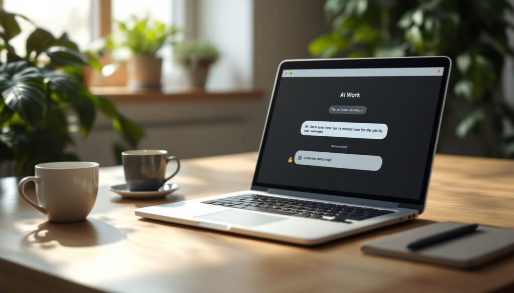 prompts IA travail: Laptop on a desk displaying an AI chat interface with a work prompt and response, coffee mug and...