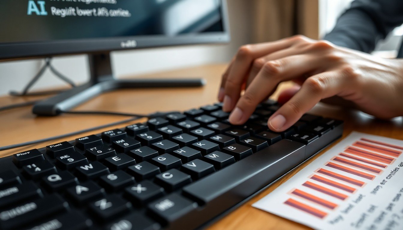 prompts IA travail: Close-up of hands typing on a keyboard with a monitor showing AI response and a bar chart