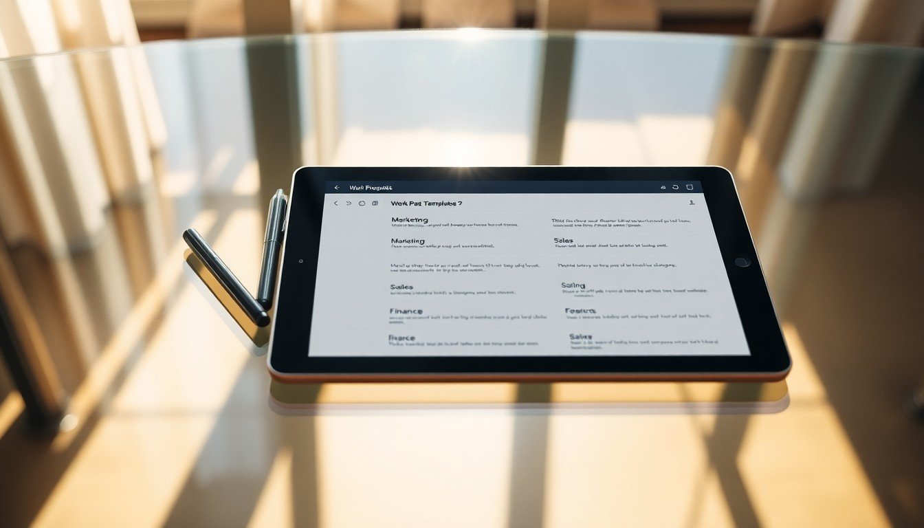 prompts IA travail: Tablet screen displaying a list of work prompt templates for different departments, stylus pen on...