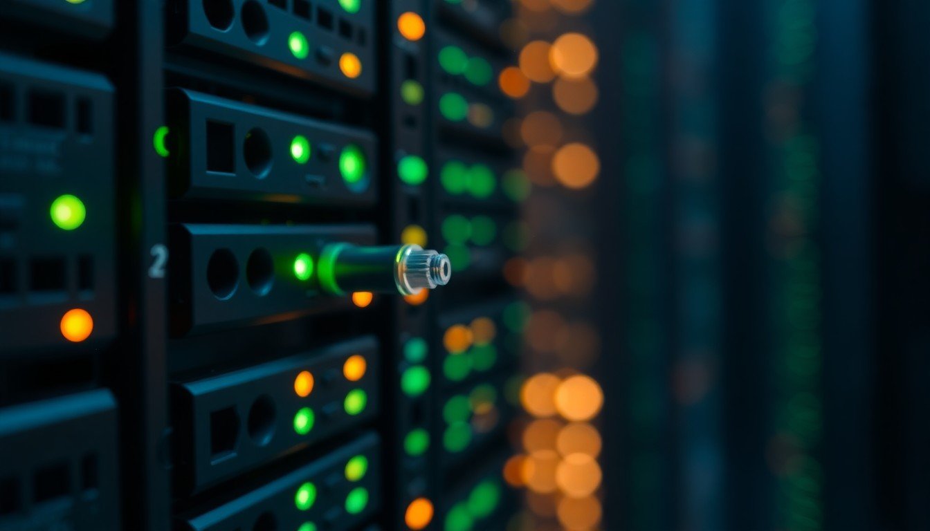 RAG LLM: Close-up of server hard drive activity lights and fiber optic cable representing fast data retrieval