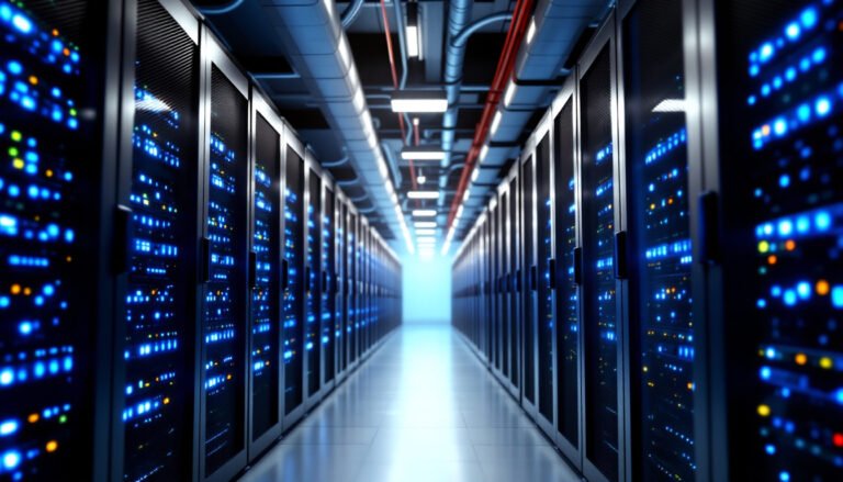 Data center aisle with server racks and blue LED lights representing RAG LLM infrastructure