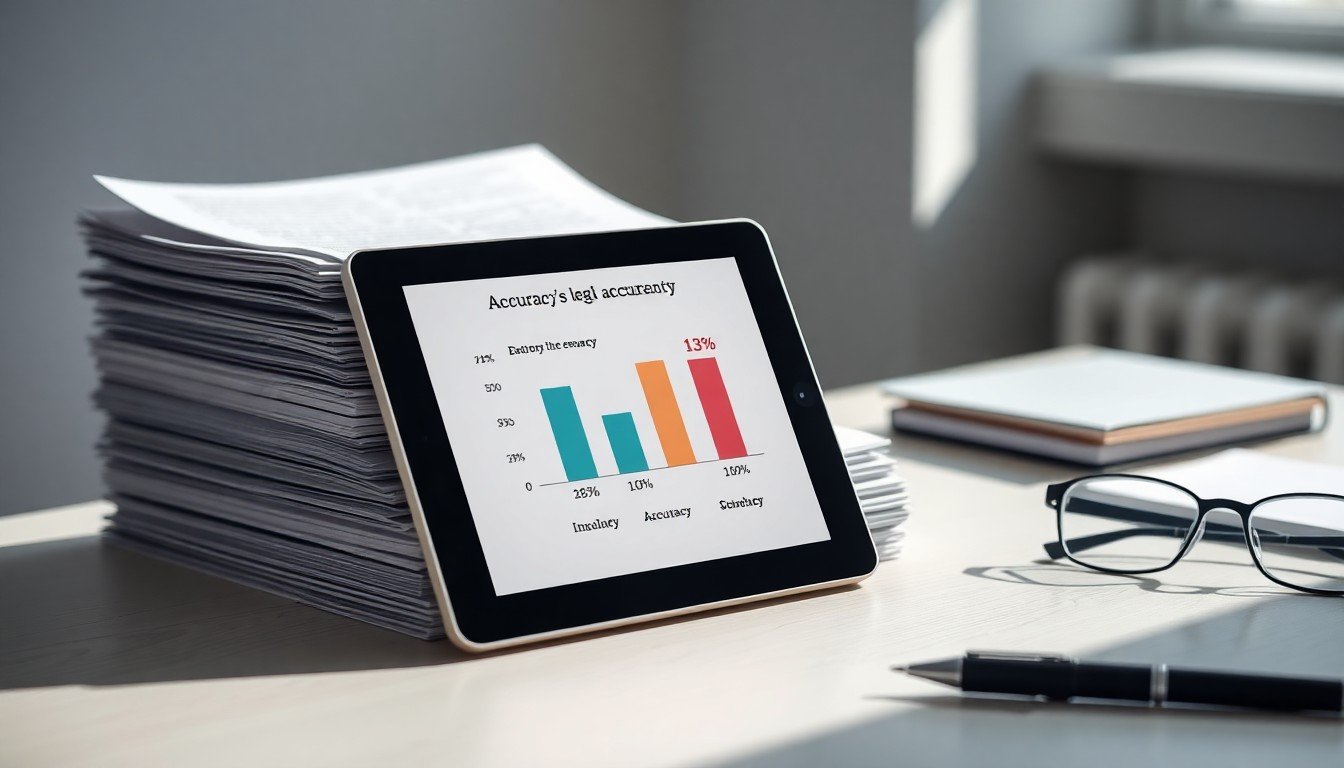 systèmes RAG: Stack of documents with a tablet showing accuracy comparison chart, representing 13% improvement from RAG...