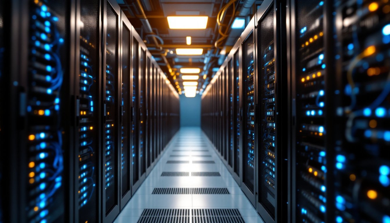 systèmes RAG: Rows of server racks in a data center with blue LED lights and cable trays, representing RAG system...