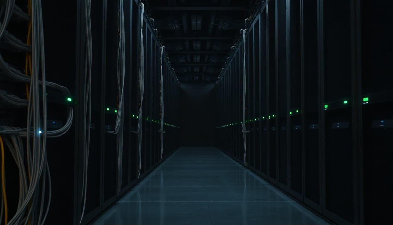 what is ai: Aisle of dark server racks with glowing LED lights in a data center.