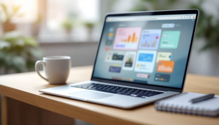 what is ai: Laptop on a desk showing a blurred chat interface and data dashboard, with coffee and notebook.