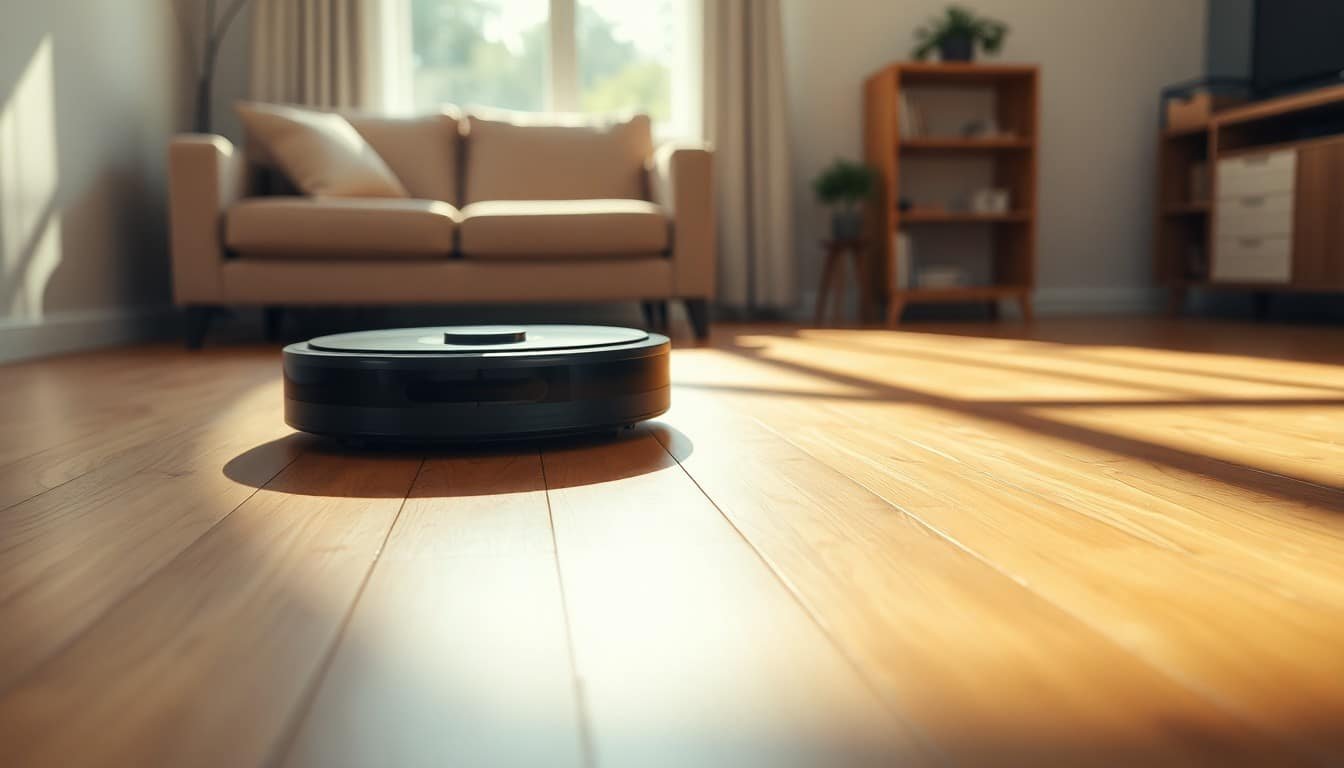 what is ai: Robot vacuum cleaner moving across a hardwood floor in a sunlit living room.