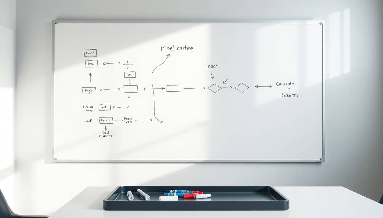 advanced prompt engineering: Whiteboard with hand-drawn flowchart boxes and arrows in a meeting room