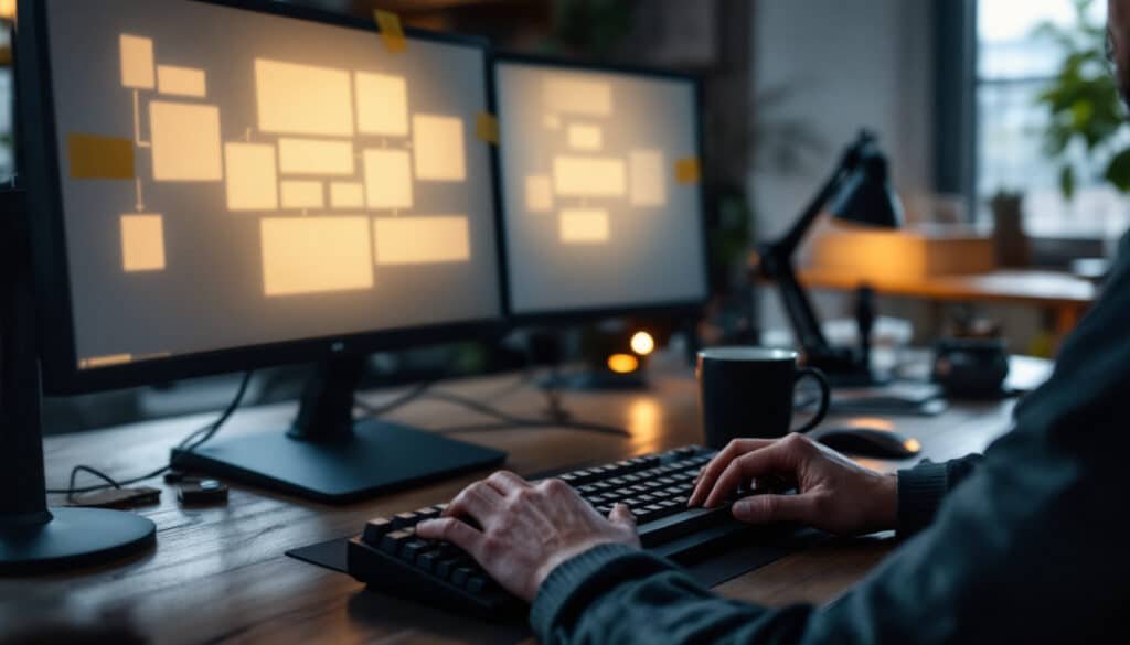 advanced prompt engineering: Engineer typing at desk with dual monitors and a printed flowchart on the wall