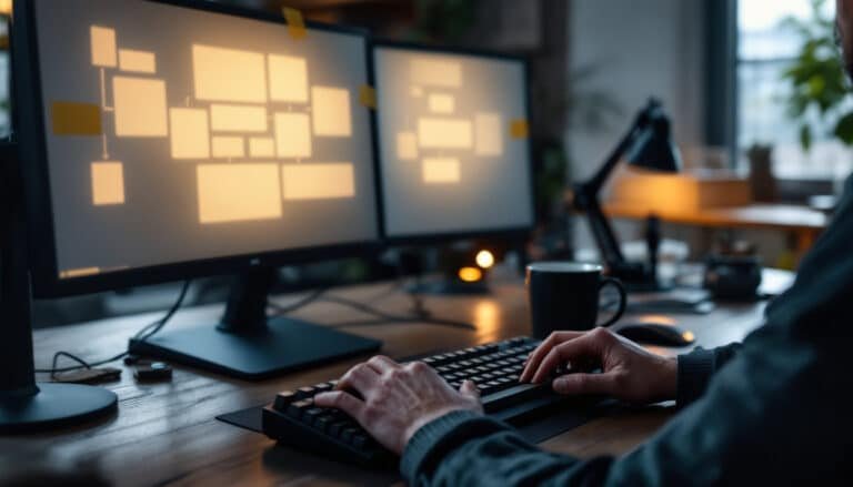 advanced prompt engineering: Engineer typing at desk with dual monitors and a printed flowchart on the wall