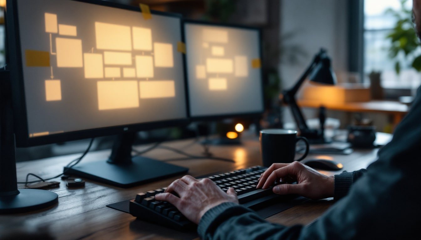 advanced prompt engineering: Engineer typing at desk with dual monitors and a printed flowchart on the wall