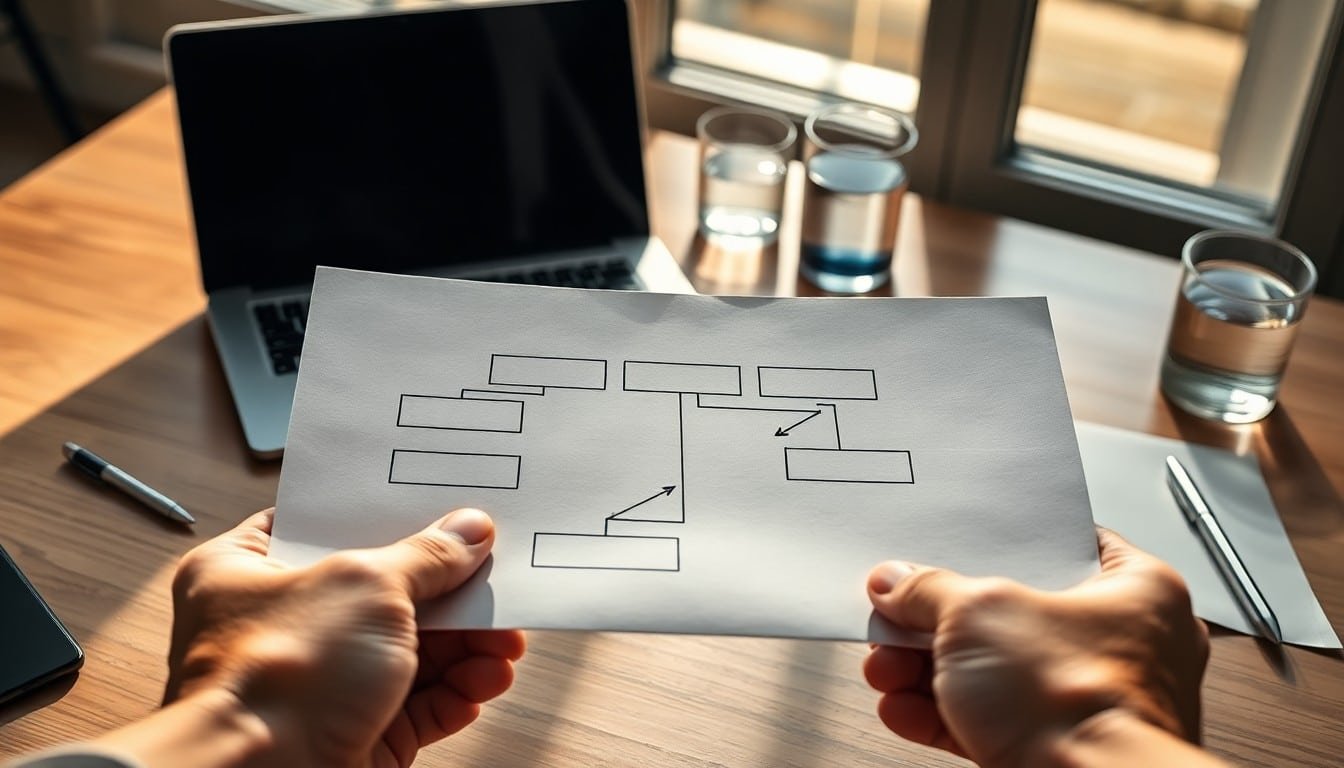 advanced prompt engineering: Hands holding a printed workflow diagram with connected boxes on a desk
