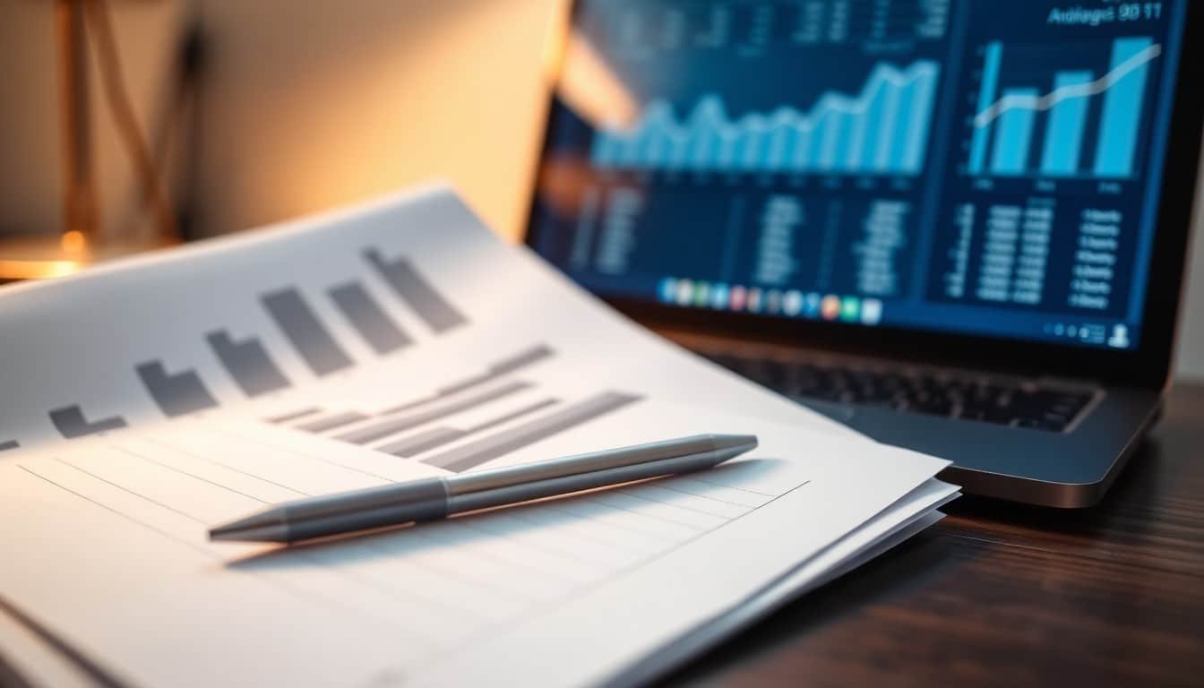 evolution of prompt engineering: Close-up of printed line charts and bar graphs with a laptop showing a blurred analytics...